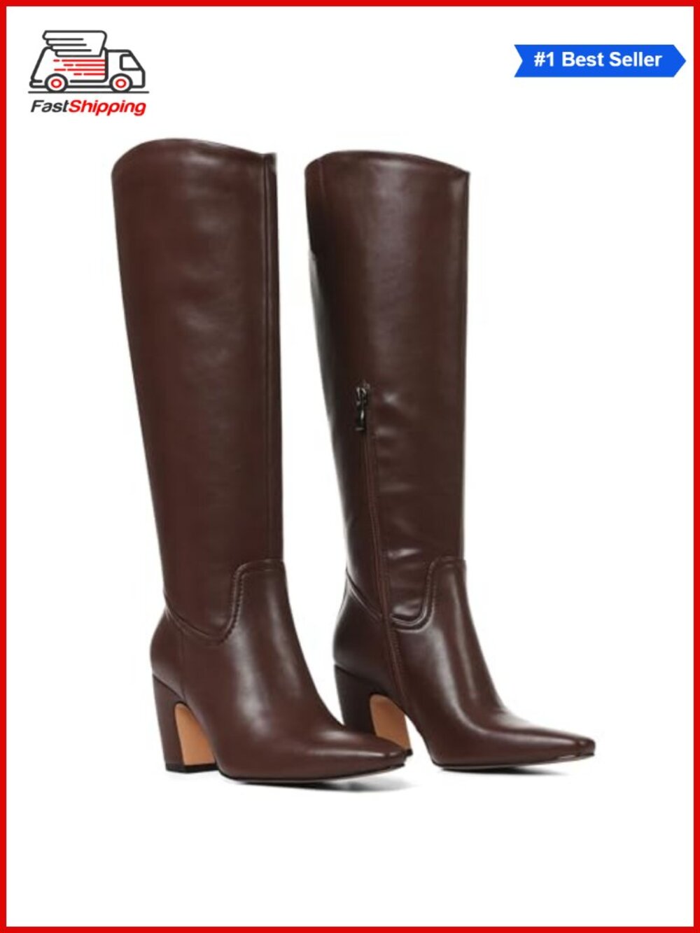 Wide Calf Knee High Boots Square Toe Chunky Heel PU Leather Women's Zip Boots